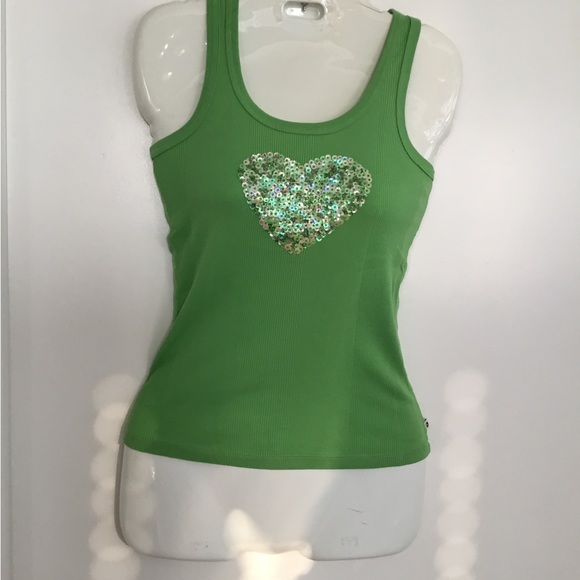 Twisted Heart Green Tank Top Sequins Heart Size SP. $25 - Picture 3 of 10